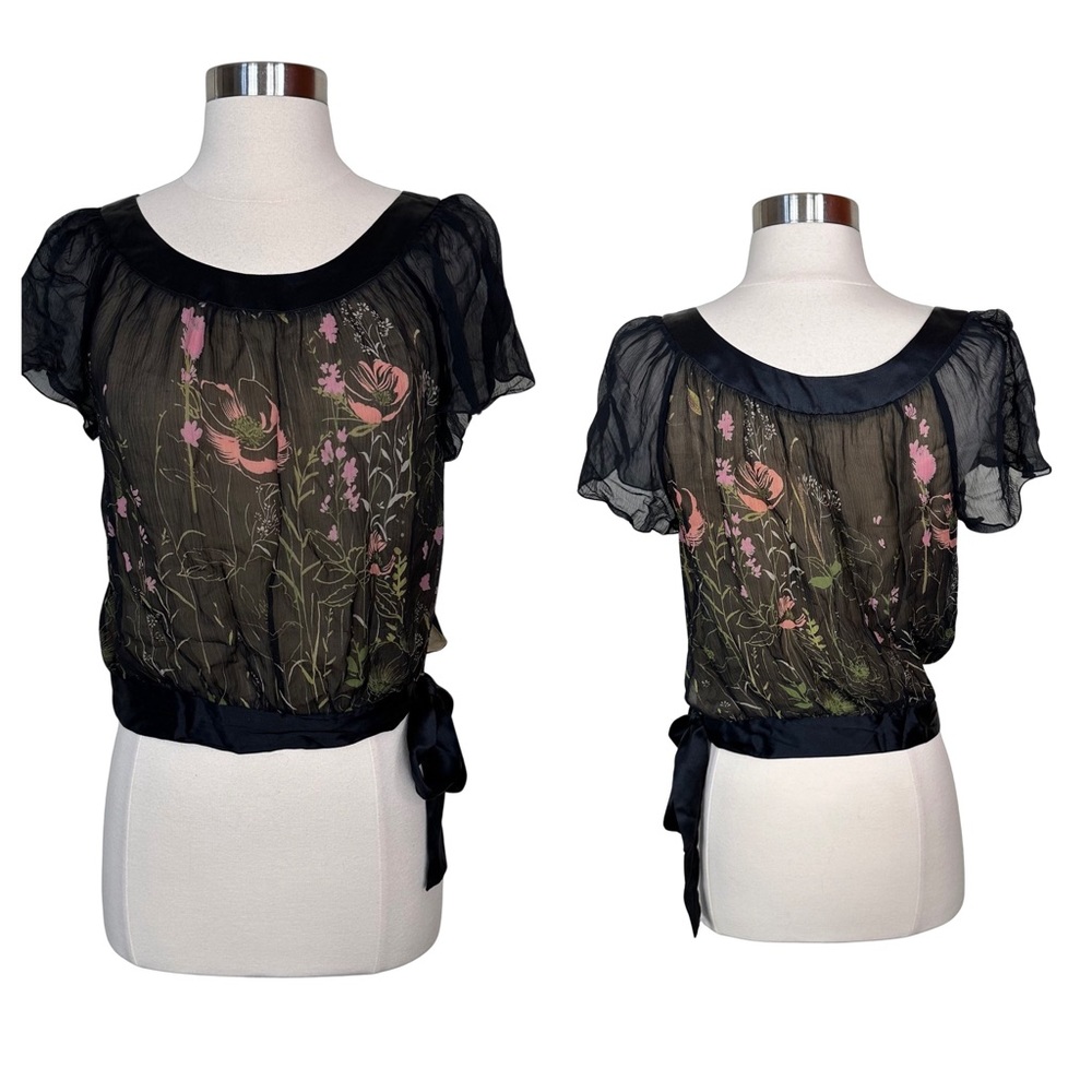 Lemon Silk Black Floral Printed Ruffle Sleeve Tie Hem Cropped Blouse Top Small